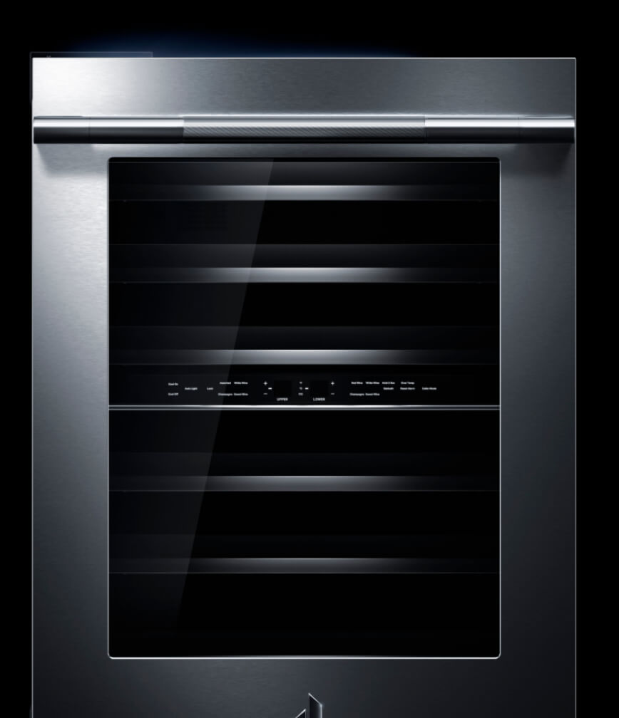 The UV-resistant glass on the front of a RISE™ design wine cellar.