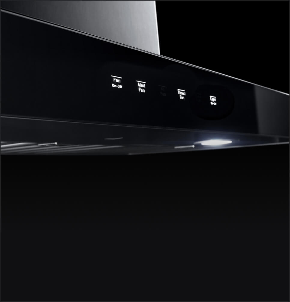 A dark shot of the controls on a JennAir® Recirculating-Only hood.