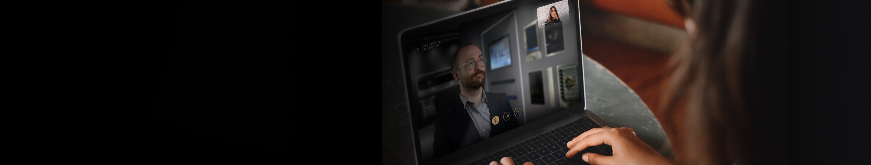 A person looking at a laptop during a video call.