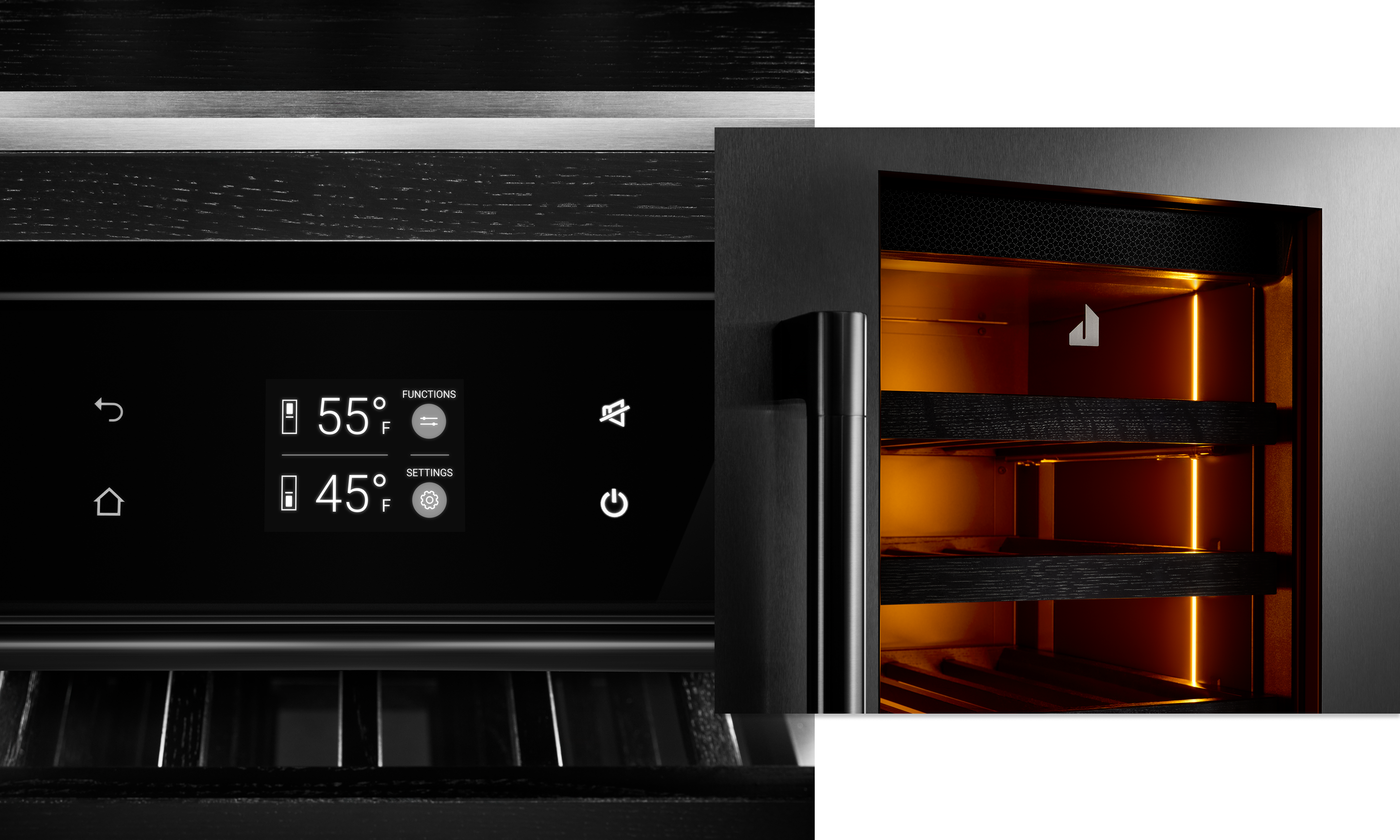  The controls of the wine column, showing functions and temperature settings.