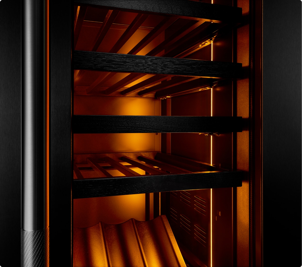 The interior of an empty JennAir® Wine Column, showing the Ambra Lighting.