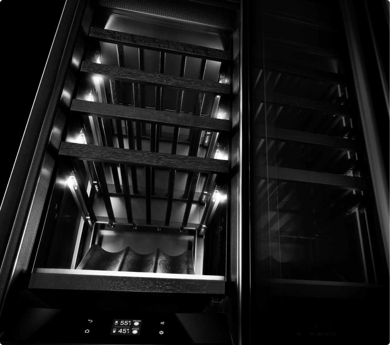 The Obsidian interior of the wine column, lit up with Ecliptic Lighting.