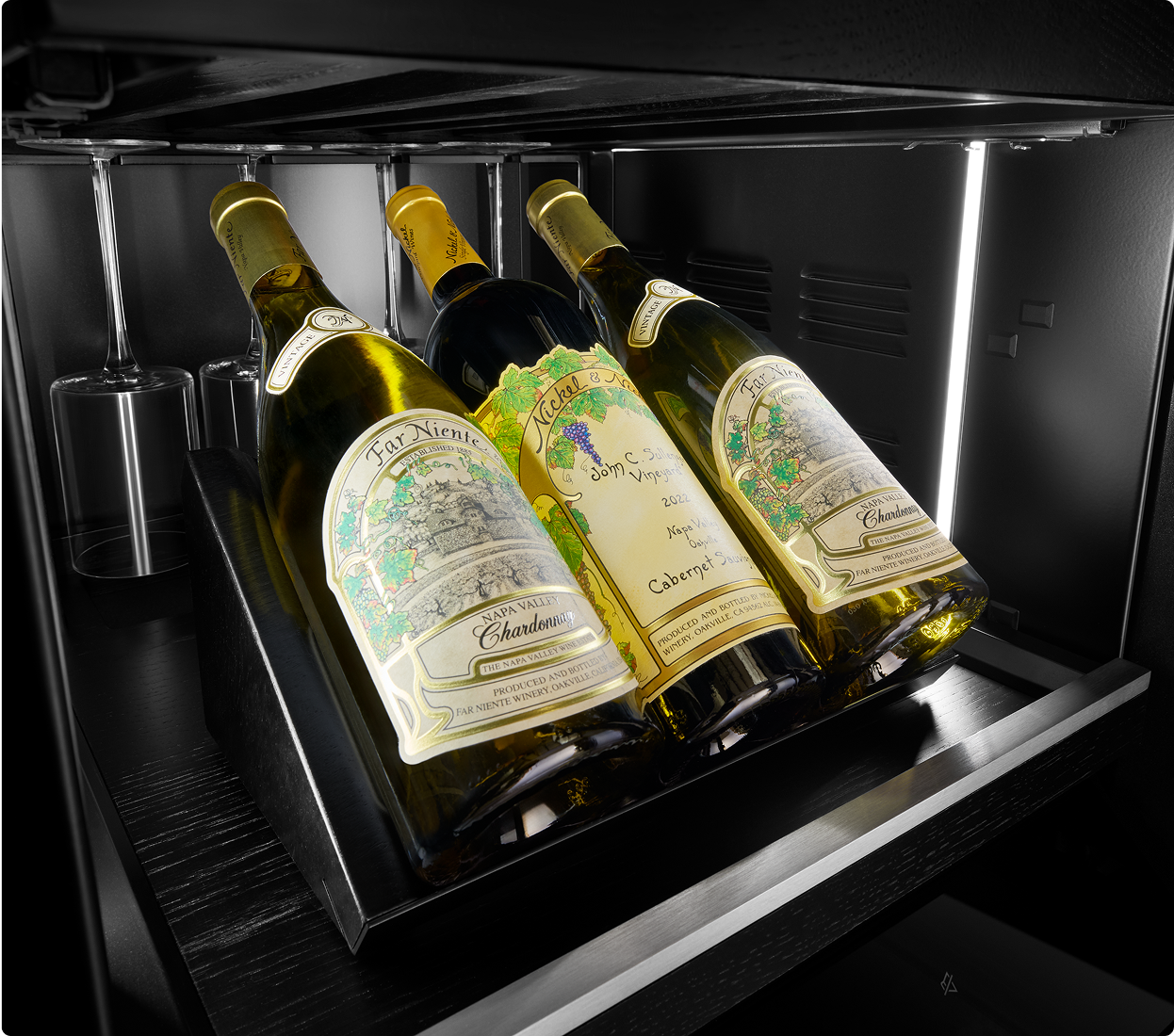 The Presentation Platform with three wine bottles in it.