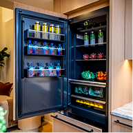 An open JennAir® Built-In Refrigerator in the kitchen
