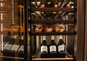 An open JennAir® wine column. 