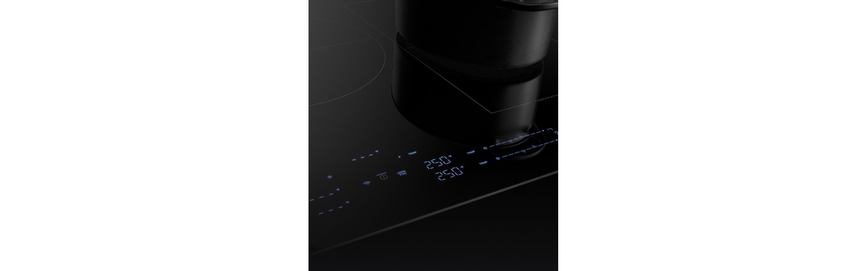 Lit up controls on the new JennAir® Induction Cooktop with Temperature Controlled Cooking. 