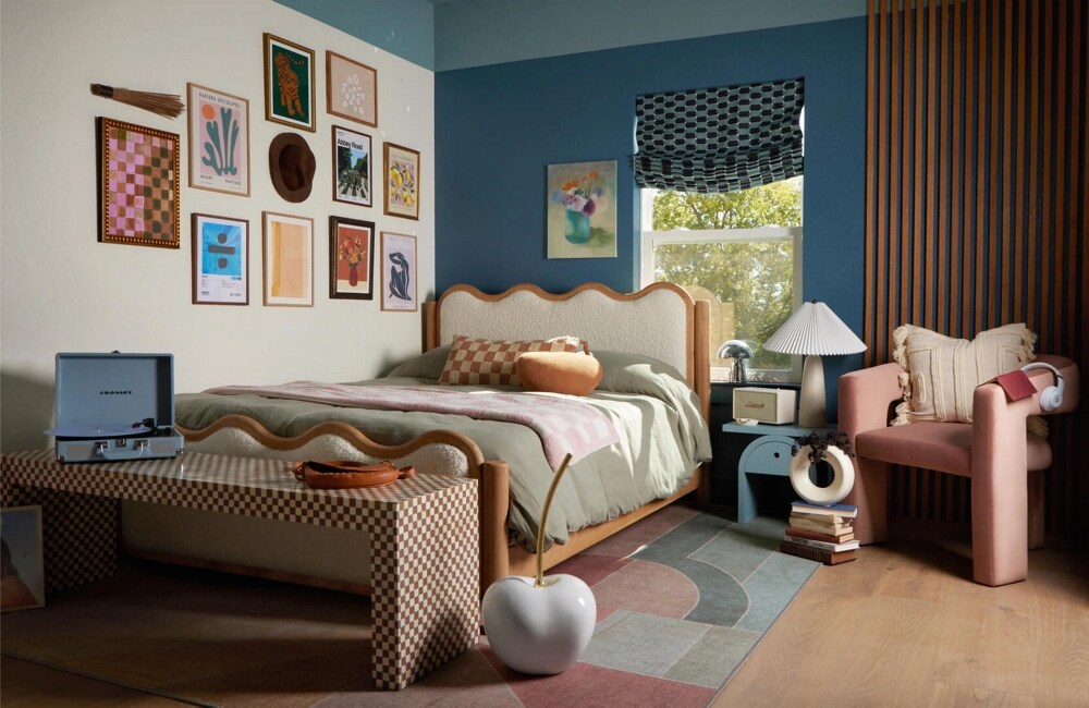 A whimsical blue bedroom with checkerboard details