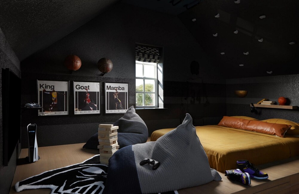 A dark, moody bedroom with sage green accents