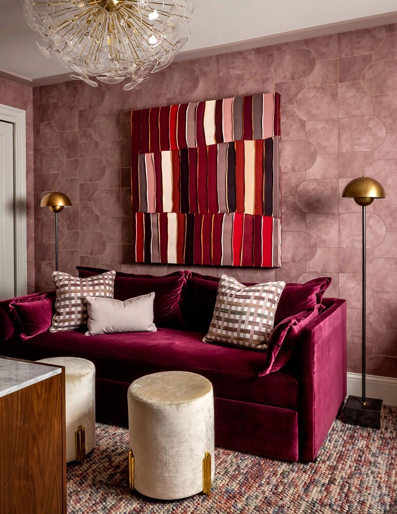 A mauve sitting room with rich velvet textures.