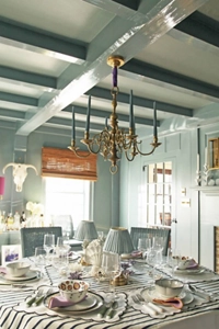 The chandelier and table in the dining room. 