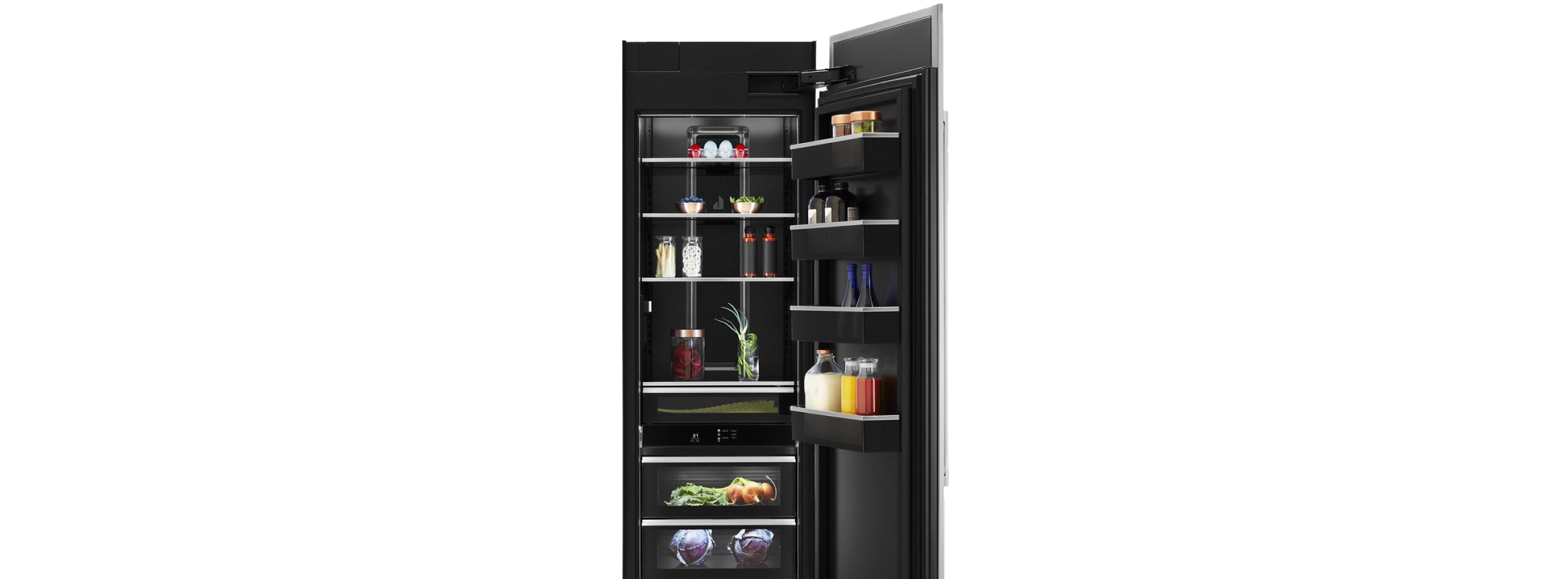 An open Column Refrigerator, propped with fine foods, luxury ingredients and high-end dishware. 