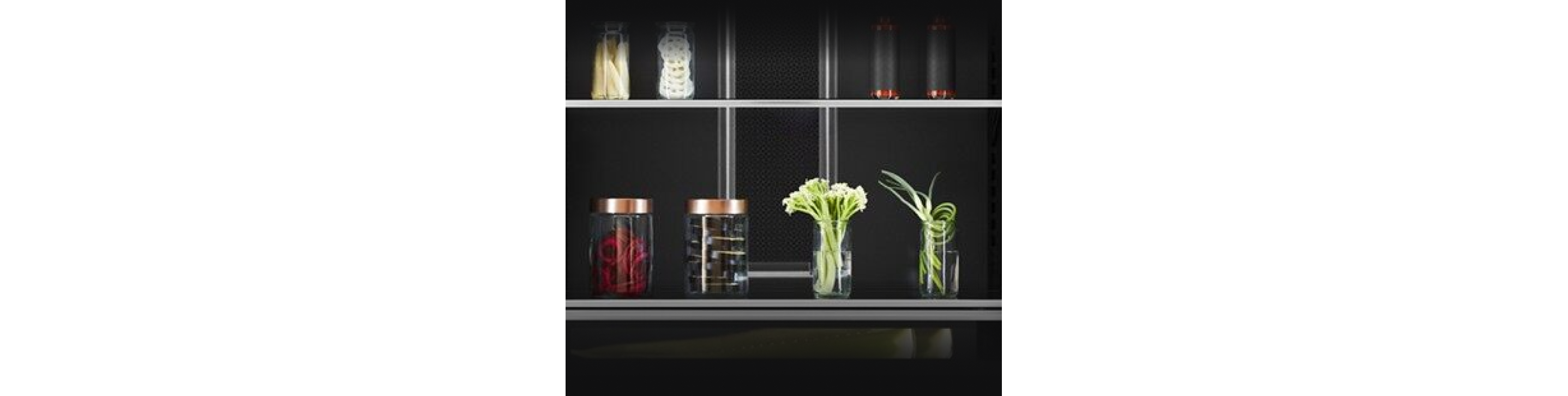 Fine ingredients on the glass and metal shelves inside of a Column.