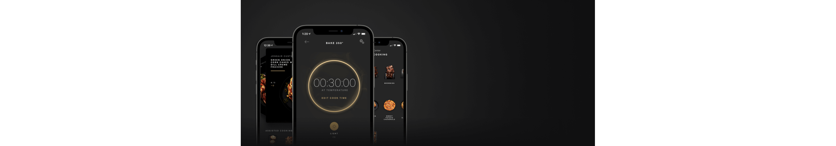 A series of 3 phones showing timers, recipes and more on the JennAir® App.