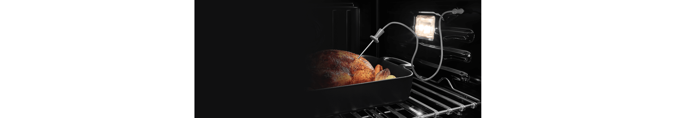 The interior of an oven, with a temperature probe measuring a roast chicken.