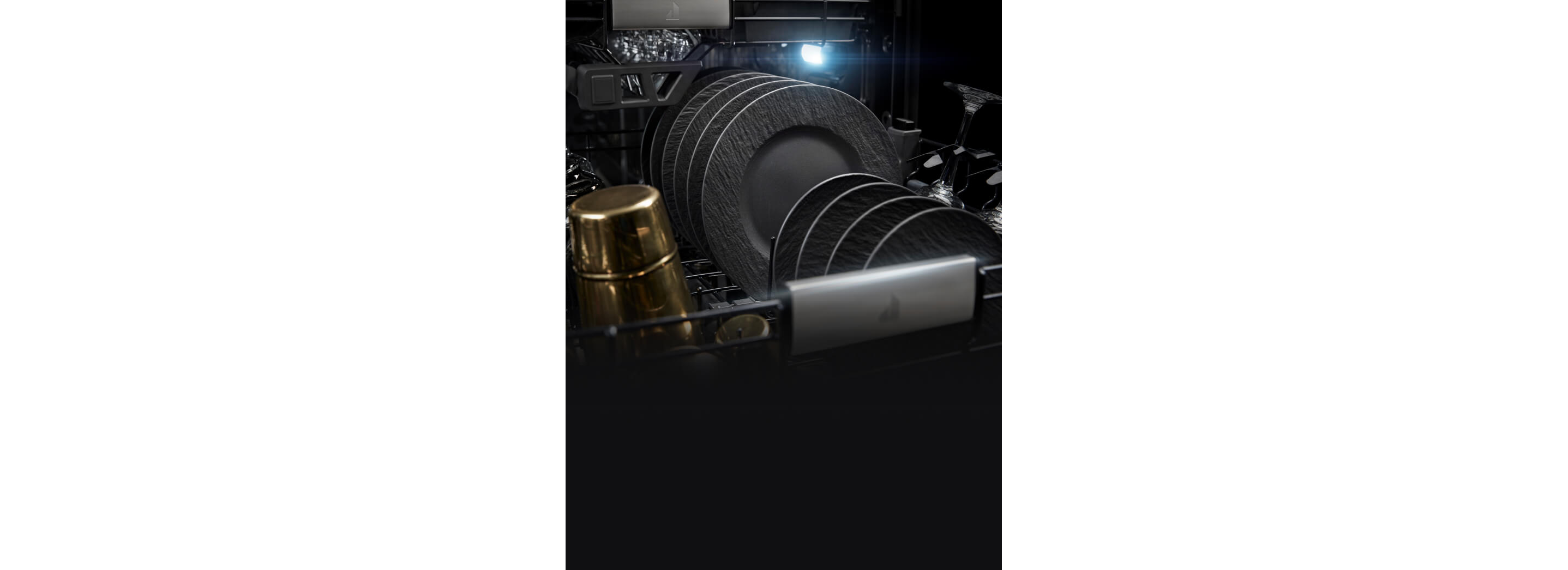 Closeup of clean, dry dishes in Obsidian Racks and illuminated by LED lighting.