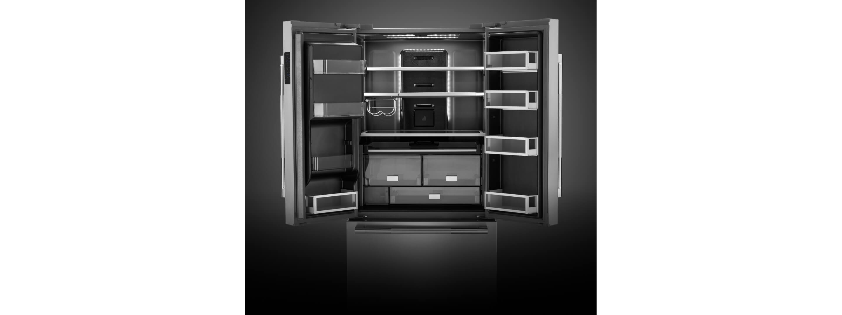 A freestanding refrigerator with Obsidian interior.