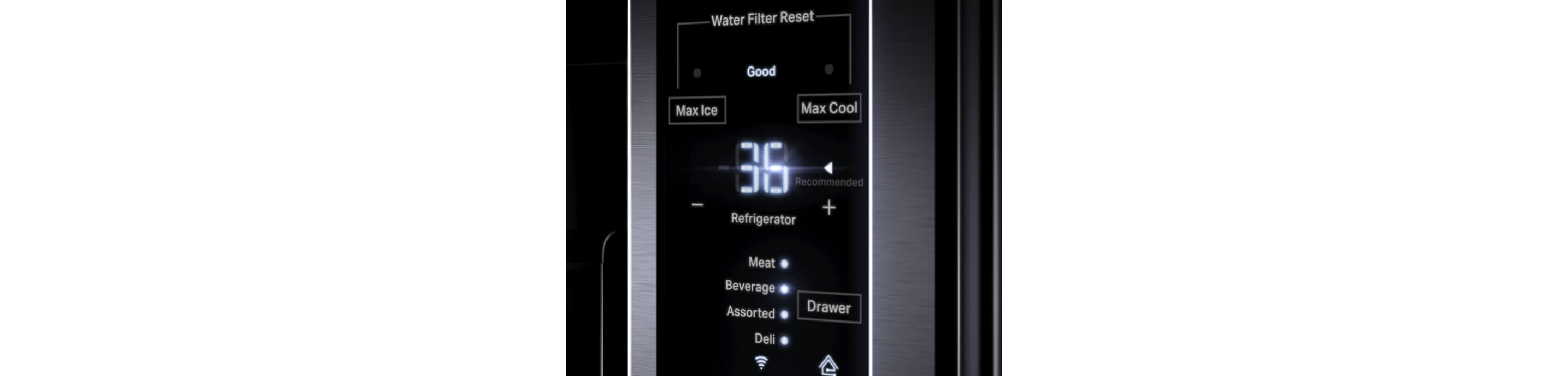 The touch controls on the exterior of a freestanding refrigerator.