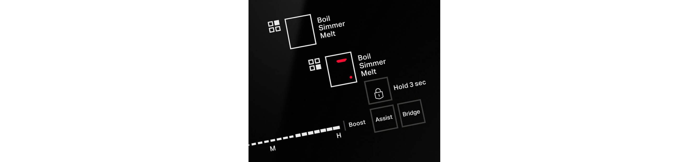 Closeup of boil, simmer & melt functions on the control panel.