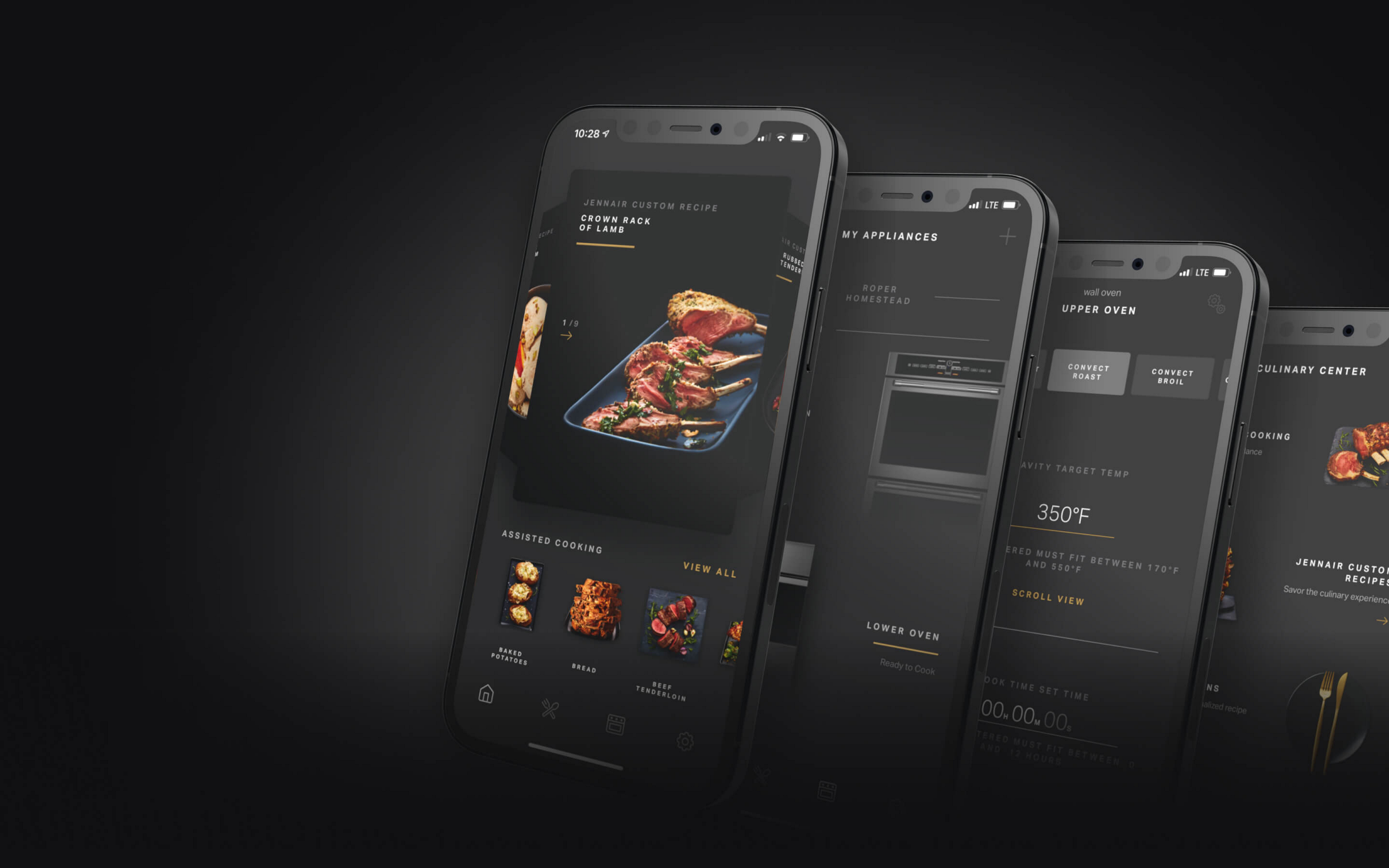 A row of smartphones showing pages in the Culinary Center experience.