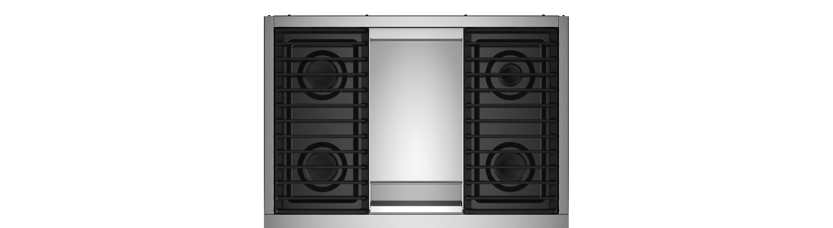A top-down view of a range with a Chrome-Infused Griddle.