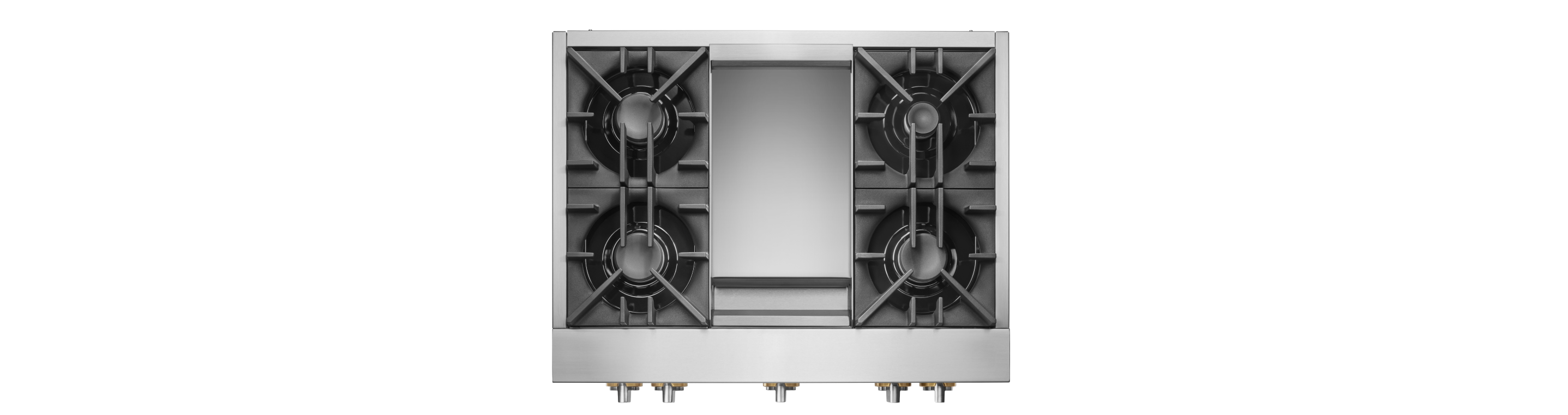 Top-down view of a JennAir® Gas Rangetop with Chrome-Infused Griddle.