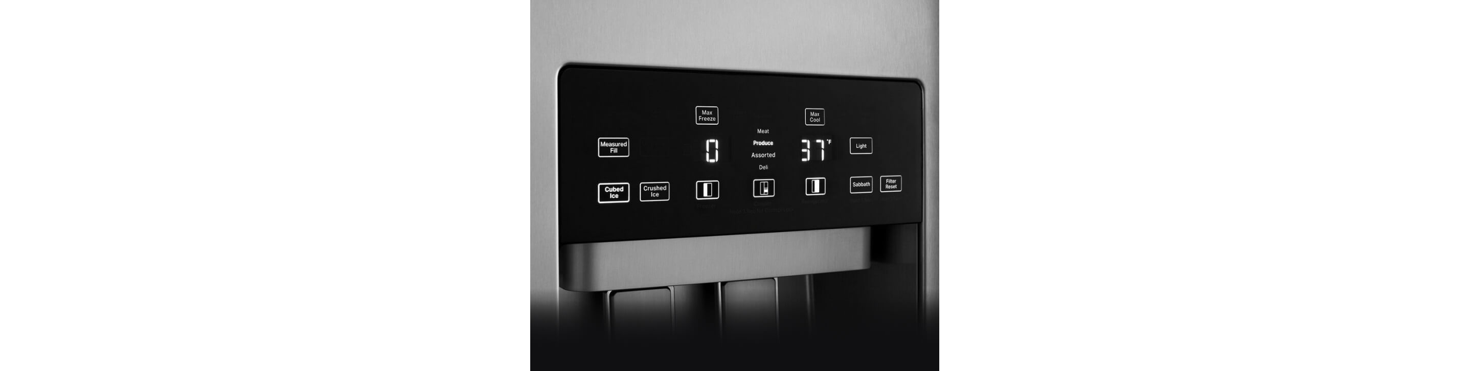 The touch controls on the exterior of a built-in refrigerator.