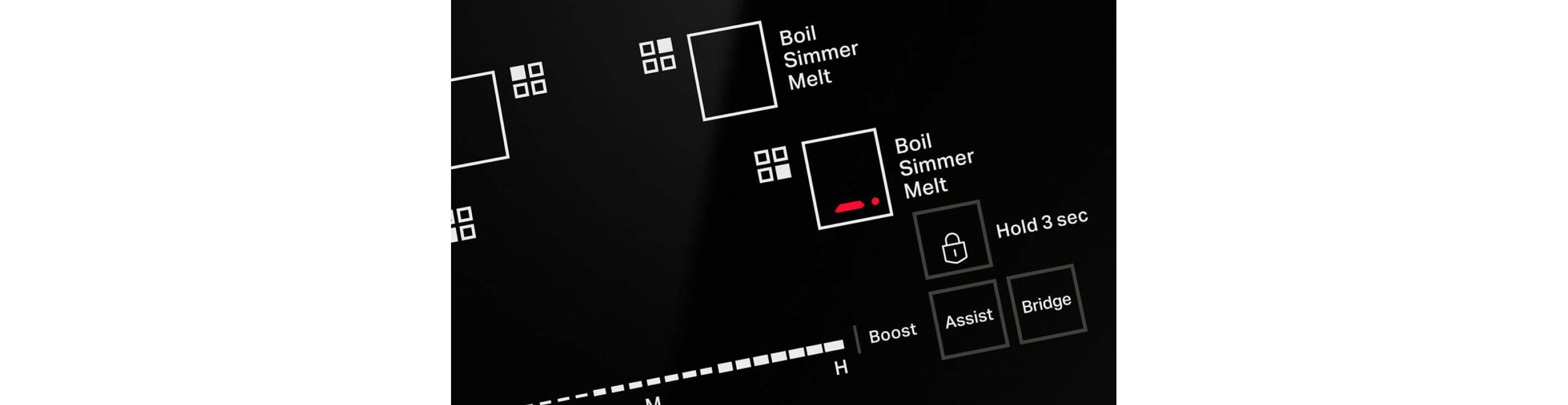 The lit UI showing the Assisted Boil, Simmer and Melt options. 