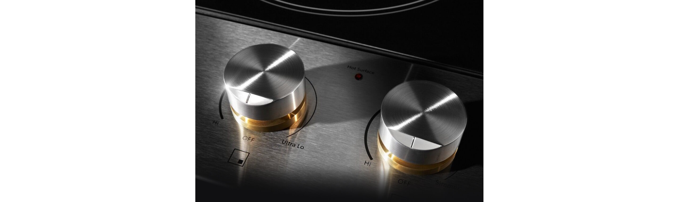 A close up the brass-inspired collars on the die-cast metal knobs.