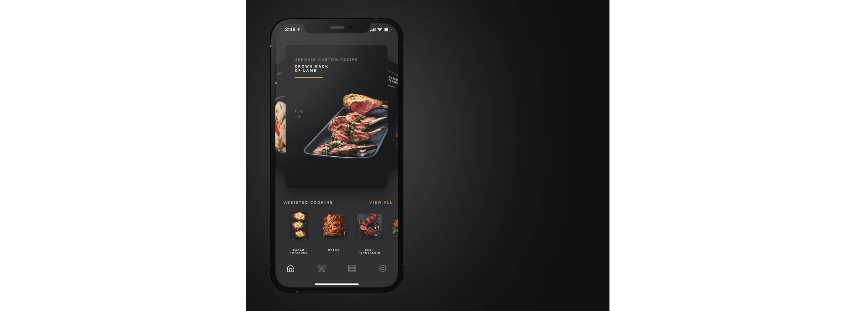 A smartphone showing a Crown Rack of Lamb recipe card in the Culinary Center. 