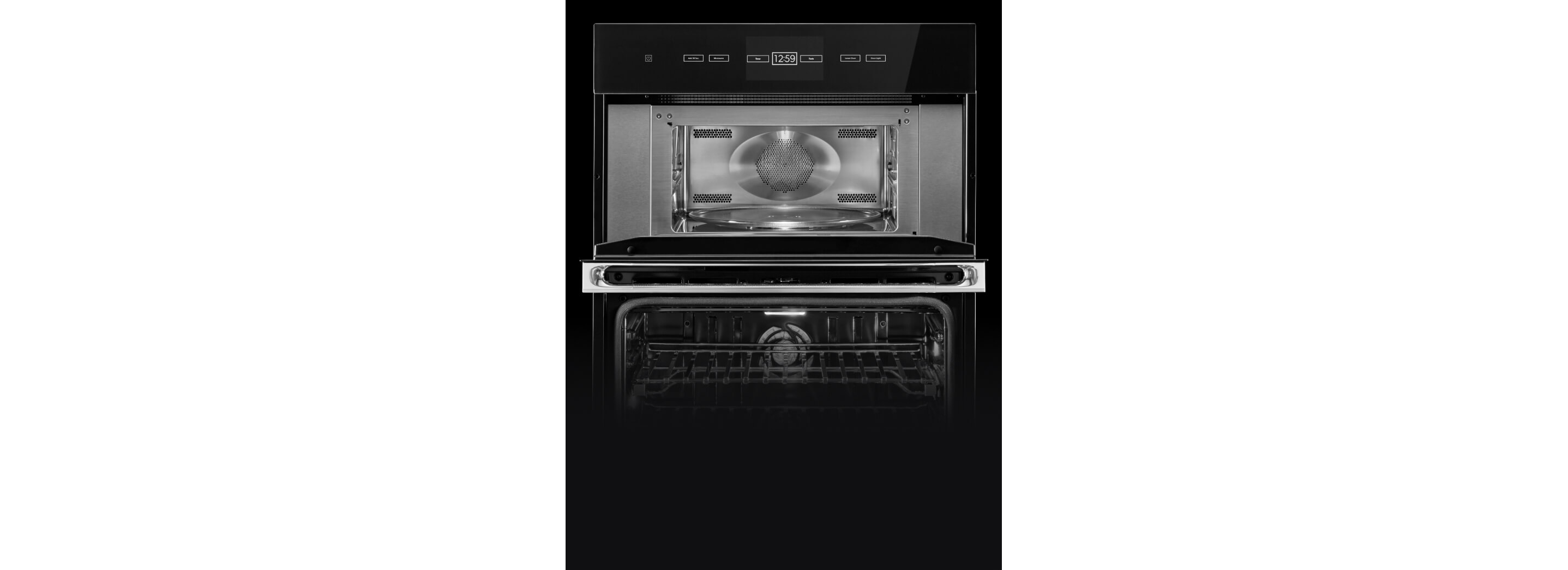 The stainless steel interior of a microwave.