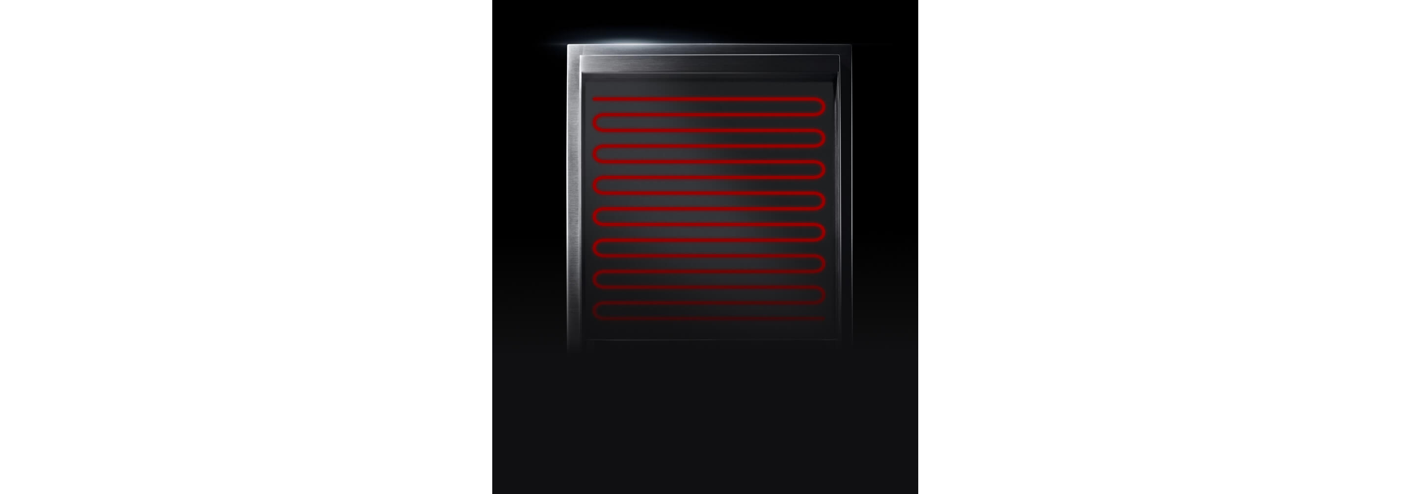 The surface of the chrome-infused griddle with a graphic highlighting the serpentine element that allows for even heat distribution.