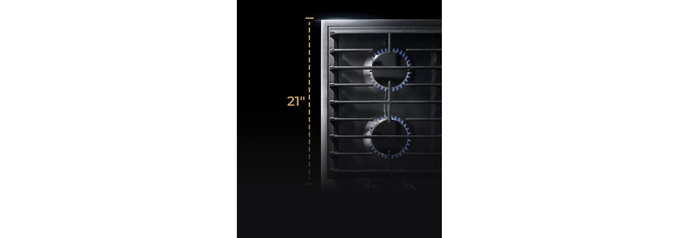 A two-burner gas cooktop with a graphic showing its 21-inch depth.
