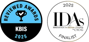 Badges for the KBIS award and IDAs finalist award.