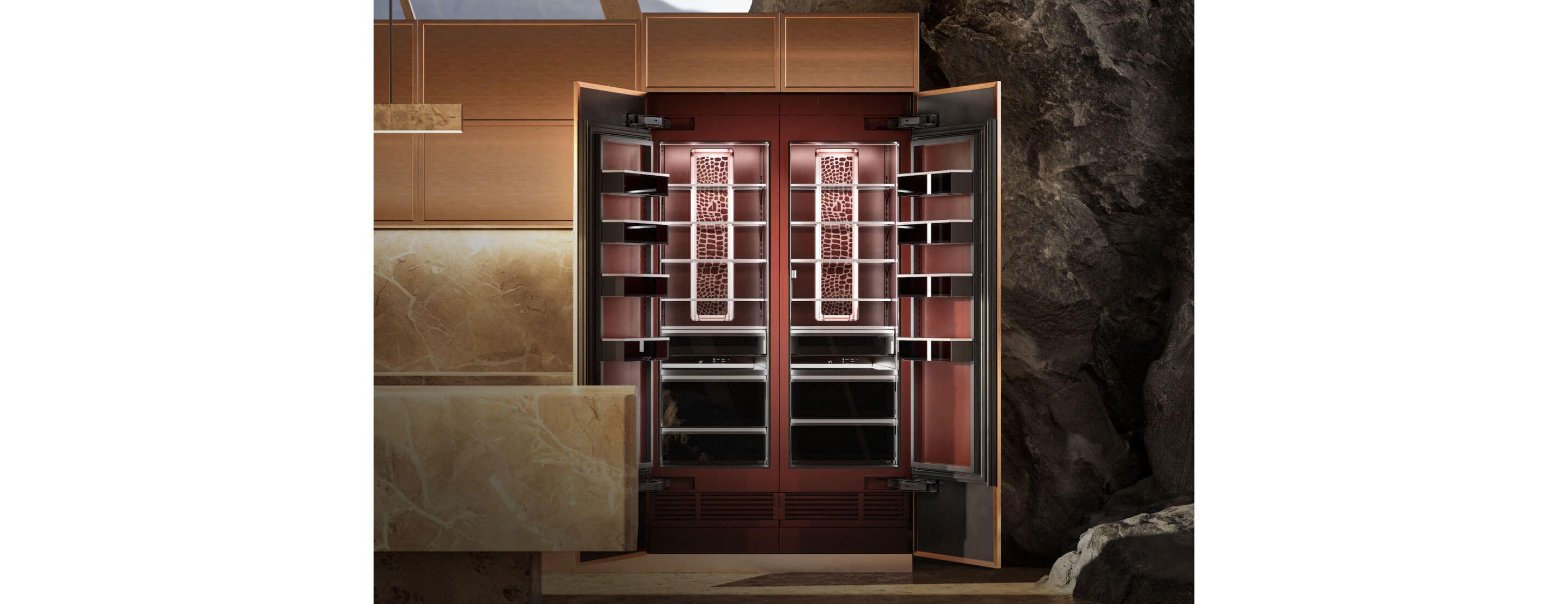 An open Burlesque column refrigerator and freezer pairing in a bold kitchen designed by Kelly Wearstler. 