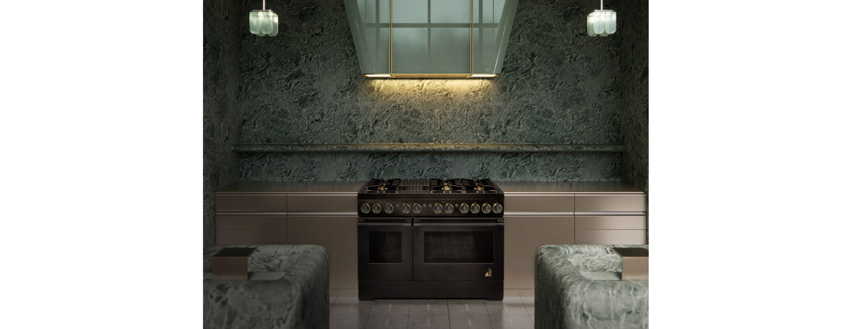 The Smoke & Brass range in a subdued green kitchen designed by Kelly Wearstler. 