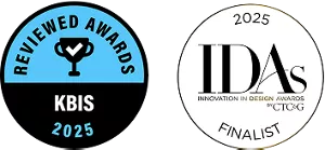 The Reviewed Awards for KBIS 2025 Logo and the IDA awards logo.