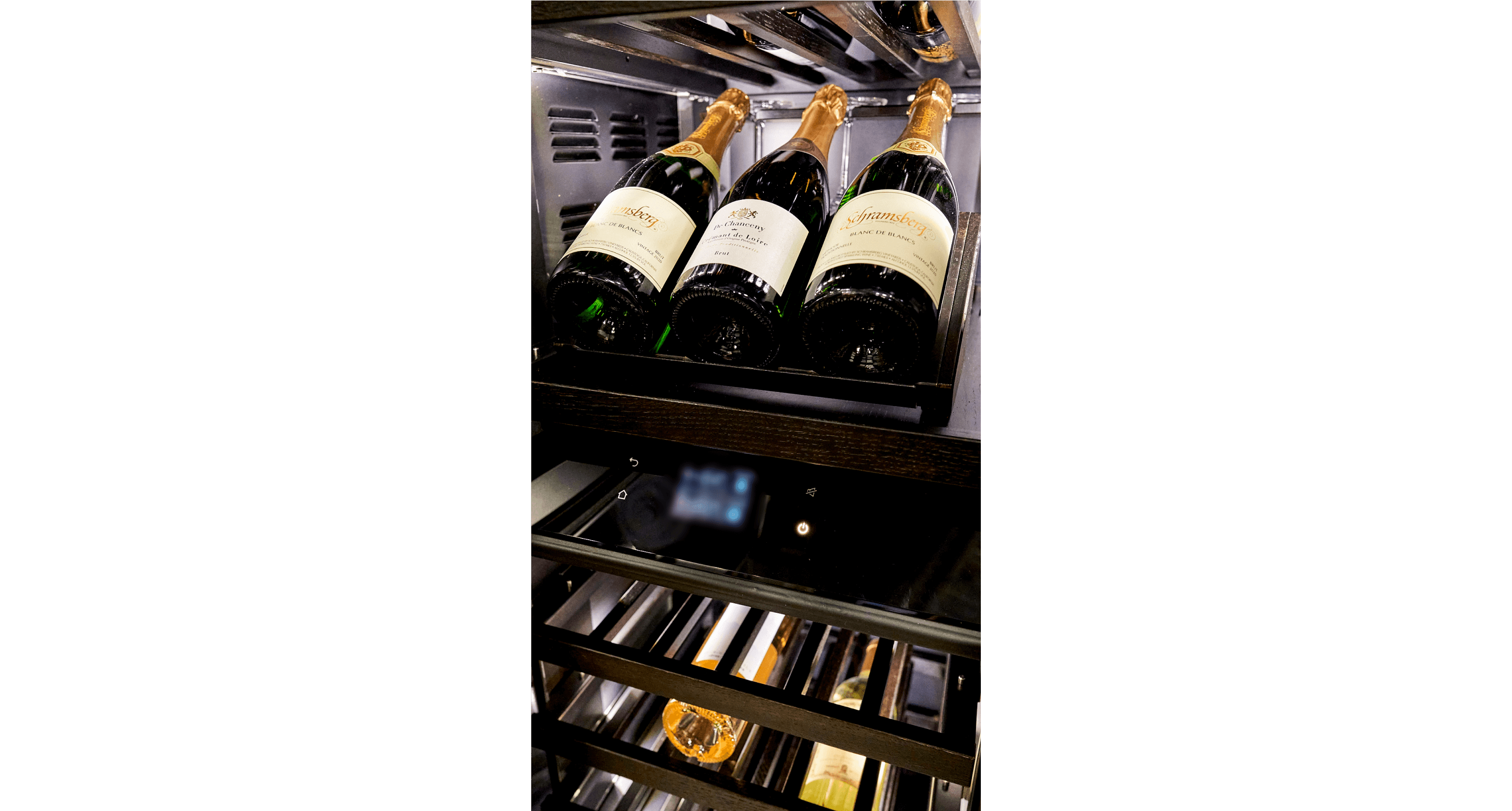 A close up of the presenter’s area of the new JennAir® wine column.