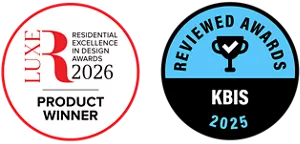 The 2026 Luxe Red Award Product Winner logo and the Reviewed Awards KBIS 2025 Award logo