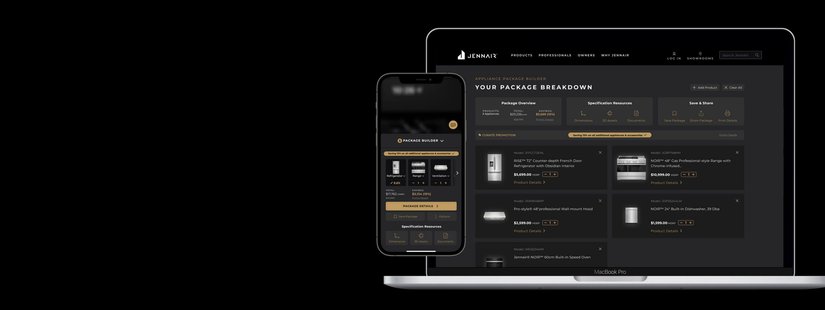 A phone and desktop showing the steps of the Package Builder.