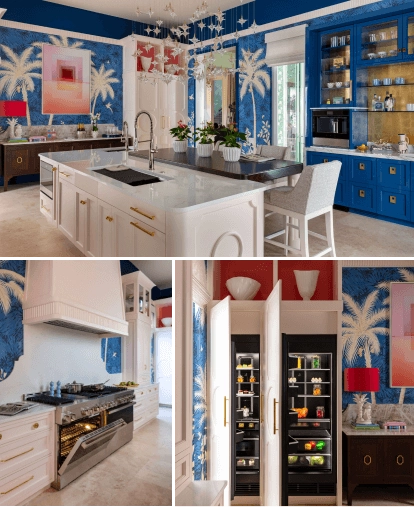 A beautiful blue kitchen with palm tree motifs.