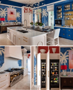 A beautiful blue kitchen with palm tree motifs.