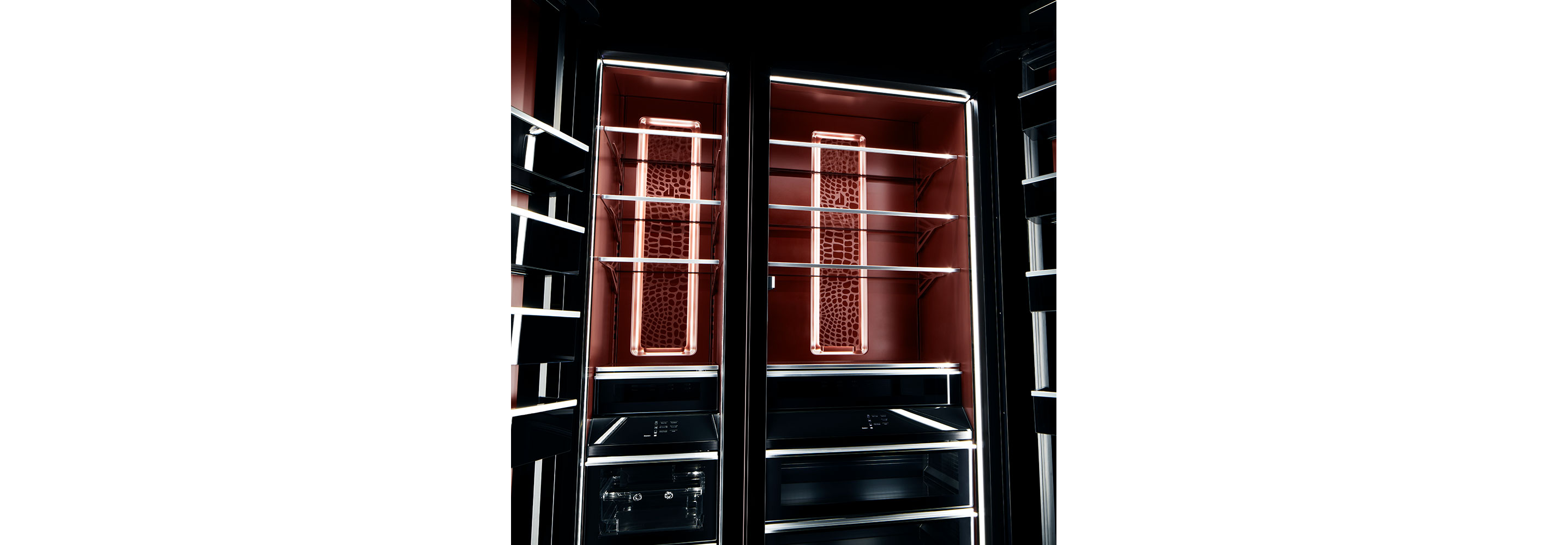 The interior of JennAir's Burlesque column refrigerator and freezer. 