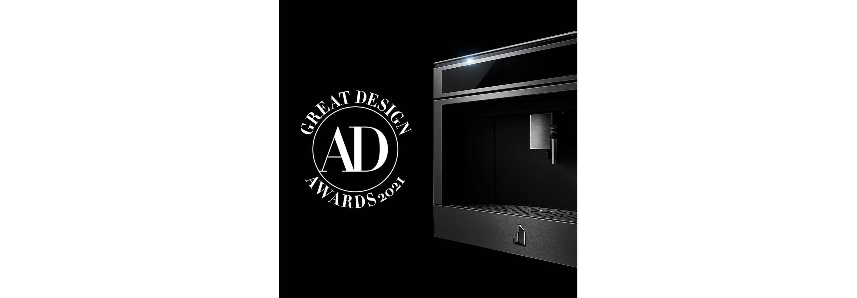 A JennAir built-in coffee system next to the Architectural Digest 2021 Great Design Award logo. 