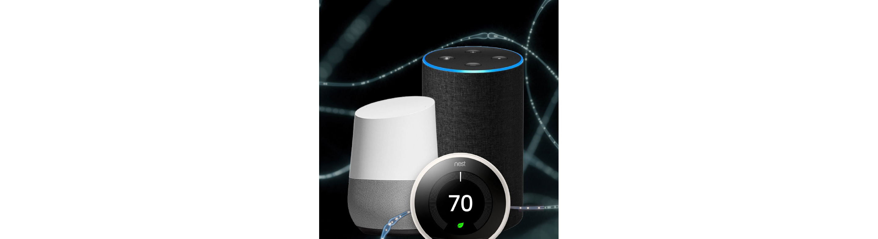 An Amazon Alexa Speaker, Google Home Speaker and Google Nest. 