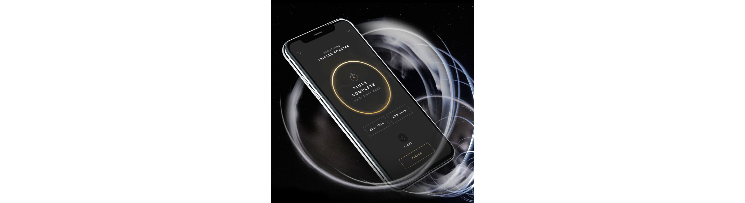 A smartphone showcasing the JennAir digital platforms. 