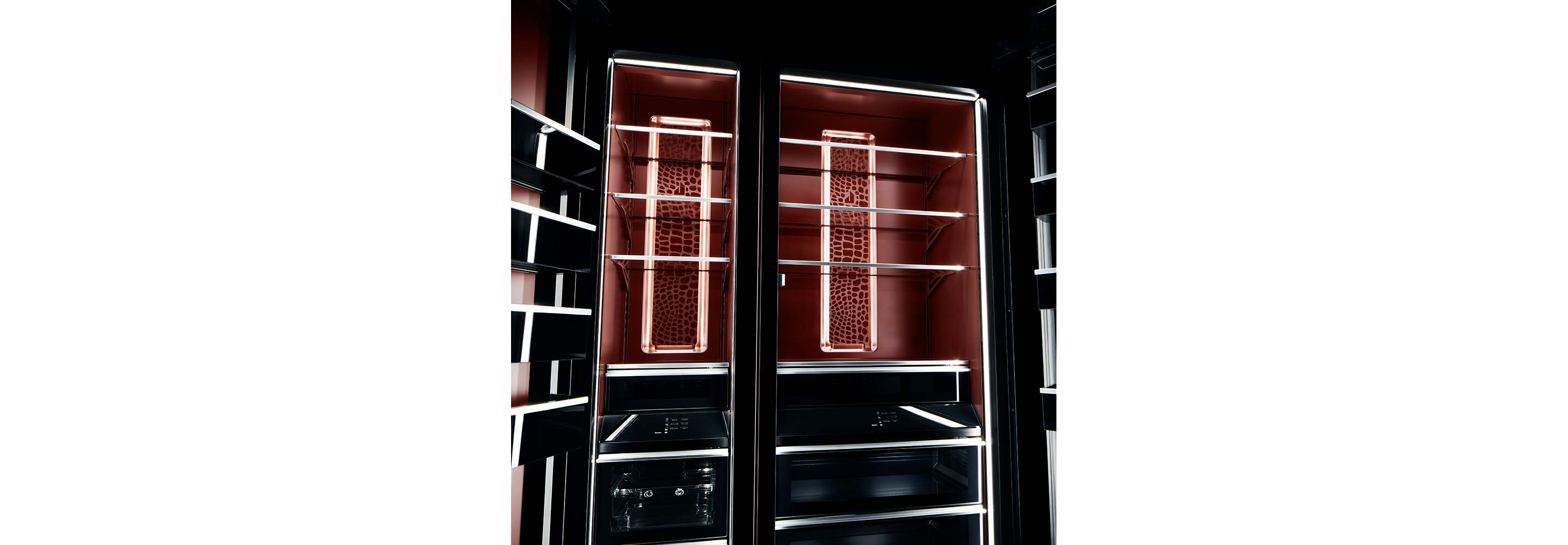 The interior of JennAir's Burlesque column refrigerator and freezer. 