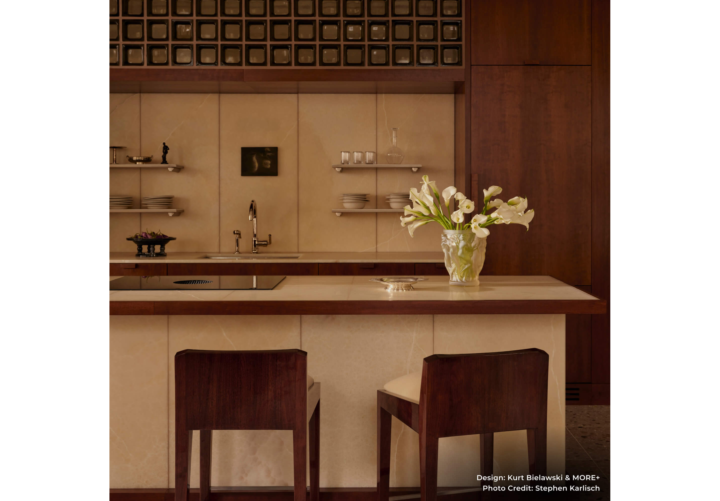 The interior of the kitchen of Athena Calderone's atelier, featuring the JennAir® NextGen Downdraft Induction Cooktop