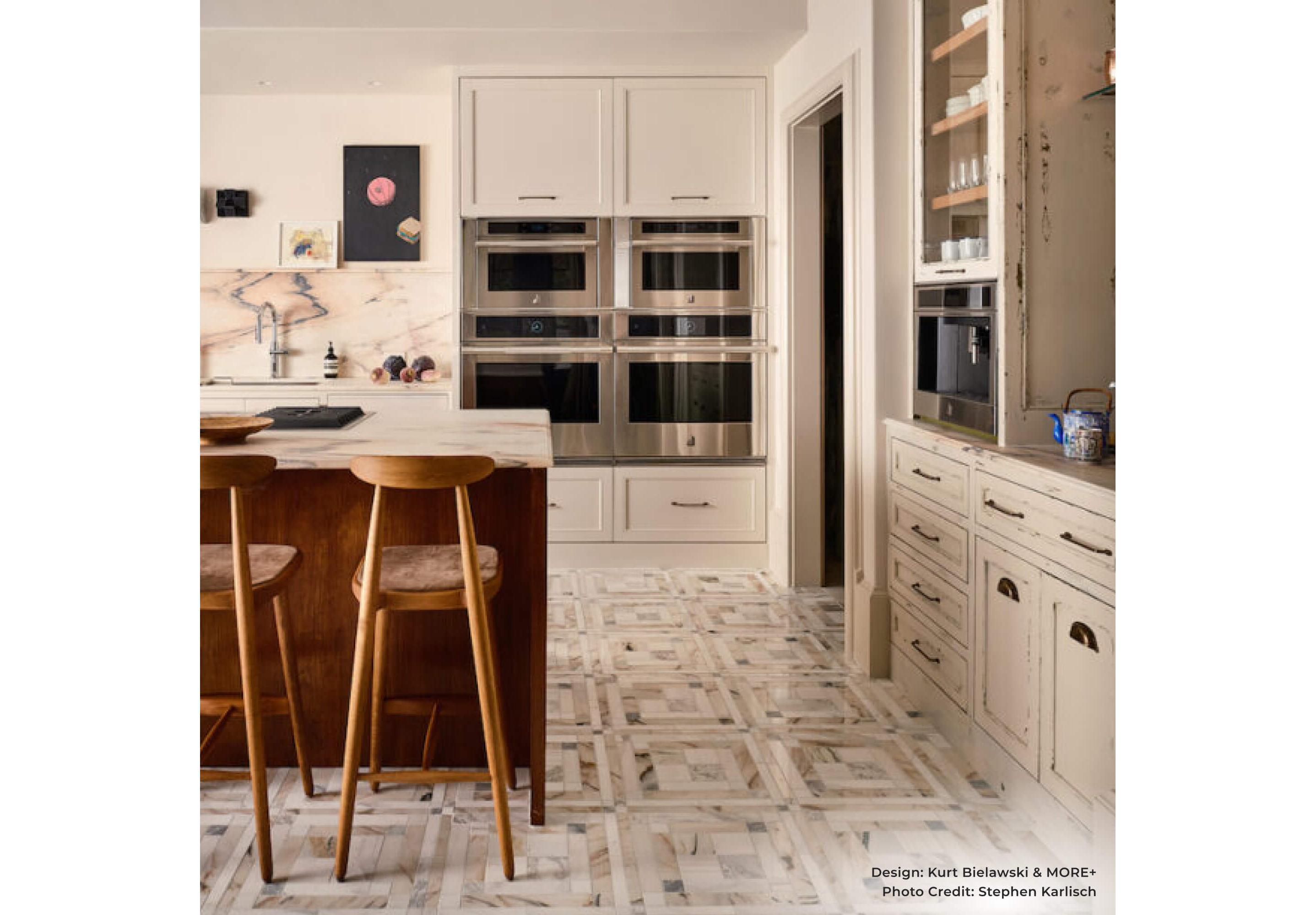 A luxury contemporary kitchen in the Kips Bay House in Dallas, featuring JennAir appliances.