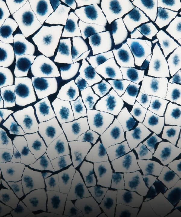 A blue, yellow and beige snakeskin pattern made out of eggshell, called Eggshell Snakeskin Sapphire.