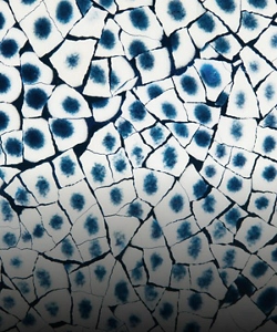 A blue, yellow and beige snakeskin pattern made out of eggshell, called Eggshell Snakeskin Sapphire.